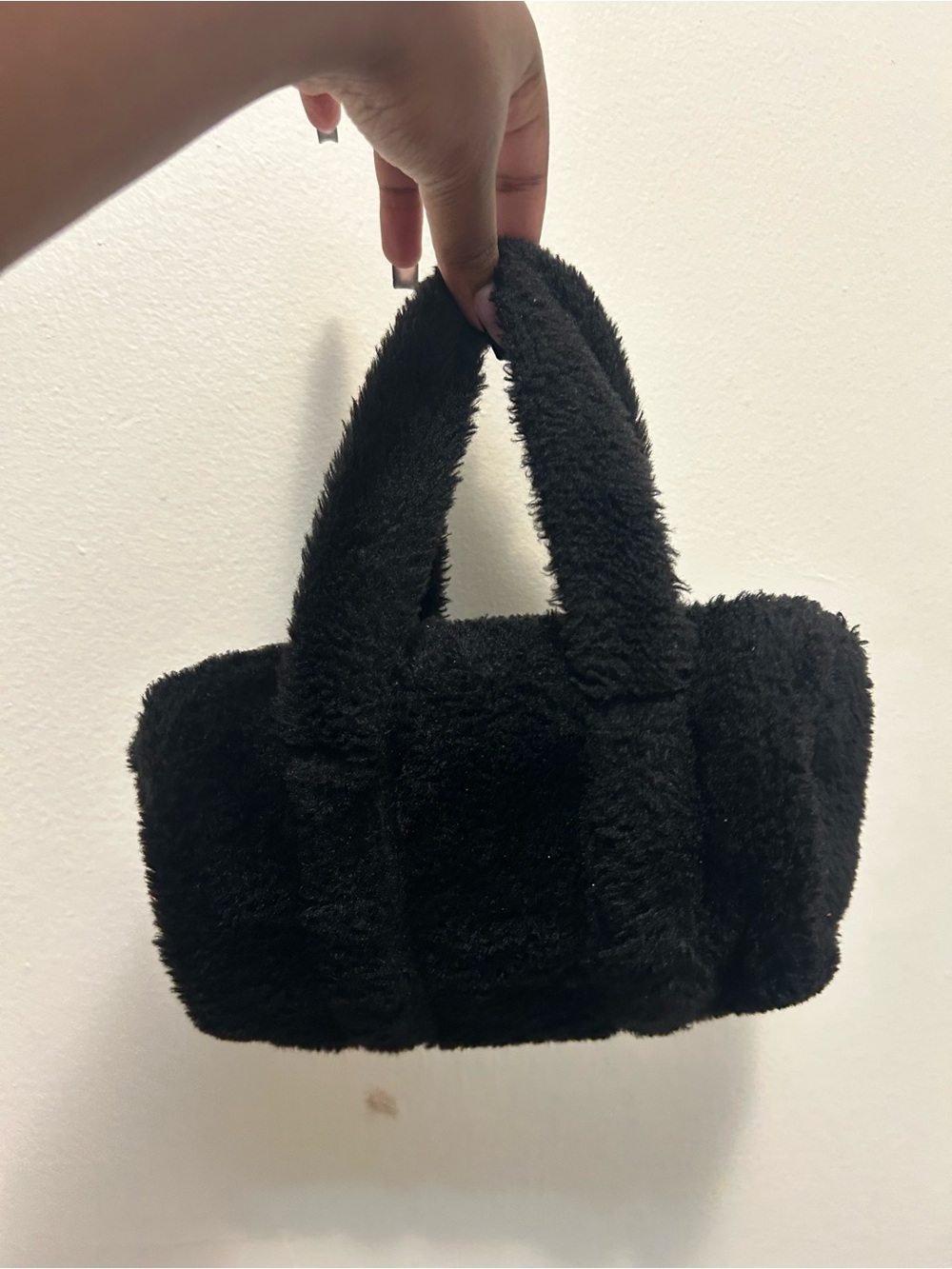 Black Plush Faux Fur Tote Bag - Unbranded